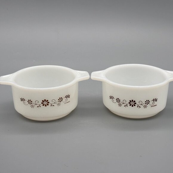 Vintage Dynaware Pyr-O-Rey Brown Daisy Pattern Glass Bowls With Side Handles Set - Picture 1 of 8